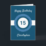 Chevron Blue 15:e födelsedagskortet Kort<br><div class="desc">Ett personlig blått 15-årskort för honom,  som du lätt kan anpassa med den ålder du behöver tillsammans med namn på kortets framsida. Om du vill kan du enkelt anpassa insidan av kortmeddelandet. Det här blåa personligen 15-årskort för honom skulle göra en underbar keepy.</div>