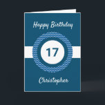 Chevron Blue 17:e födelsedagskortet Kort<br><div class="desc">Ett personlig blått 17-årskort för honom,  som du lätt kan anpassa med den ålder du behöver tillsammans med namn på kortets framsida. Om du vill kan du enkelt anpassa insidan av kortmeddelandet. Det här blåa personligen 17:e födelsedagskortet för honom skulle göra en underbar keepy.</div>
