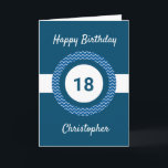 Chevron Blue 18:e födelsedagen Kort<br><div class="desc">Ett personlig blått 18-årskort som du lätt kan anpassa med namn på kortets framsida. Du kan också anpassa insidan av kortmeddelandet om du vill. Personligens 18:e födelsedagskort för honom skulle göra en underbar keepy.</div>