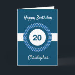 Chevron Blue 20:e födelsedagen Kort<br><div class="desc">Ett 20-årigt personlig blått kort som du lätt kan anpassa med namn på kortets framsida. Du kan också anpassa insidan av kortmeddelandet om du vill. Personligens 20-årskort för honom skulle göra en underbar keepy.</div>