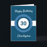 Chevron Blue 30års födelsedag Card Kort<br><div class="desc">Ett blått 30års födelsedag-kort i personlig,  som du enkelt kan anpassa med den ålder du behöver tillsammans med namn på kortets framsida. Om du vill kan du enkelt anpassa insidan av kortmeddelandet. Det här 30års födelsedag-kortet för personlig skulle göra en underbar keepy.</div>