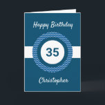 Chevron Blue 35e Birthday Card Kort<br><div class="desc">Ett personlig blått födelsedagskort för honom,  som du lätt kan anpassa med den ålder du behöver tillsammans med namn på kortets framsida. Om du vill kan du enkelt anpassa insidan av kortmeddelandet. Det här blåa personligens 35e-födelsedagskort för honom skulle göra en underbar keepy.</div>