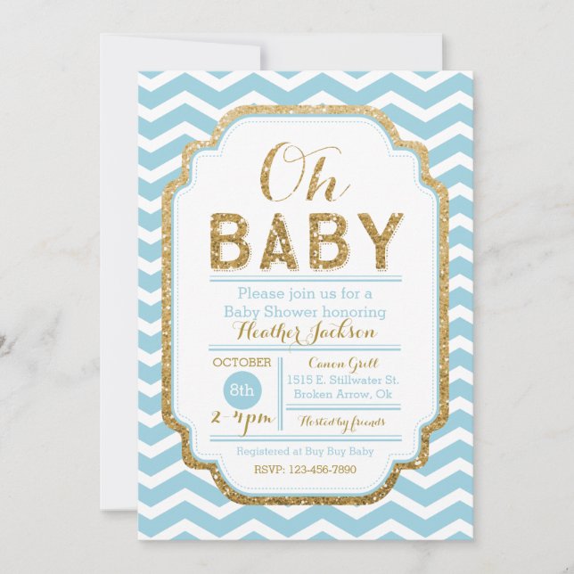 Chevron Blue and Guld Boy Baby Shower-inbjudan Inbjudningar (Framsida)