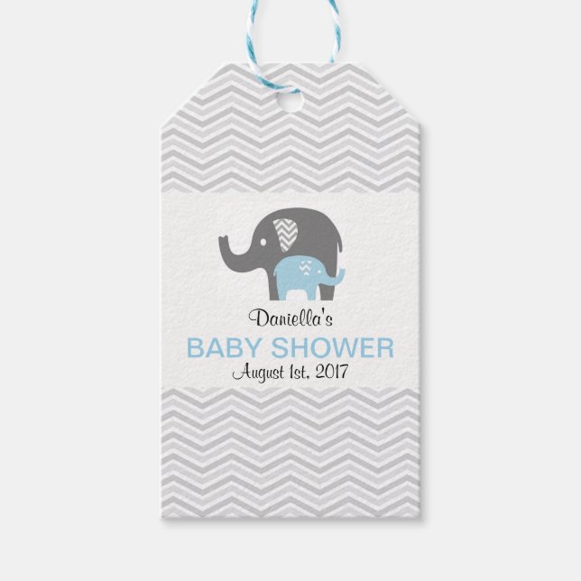 Chevron Blue Elephant Baby Shower Märkre Presentetikett (Framsidan)