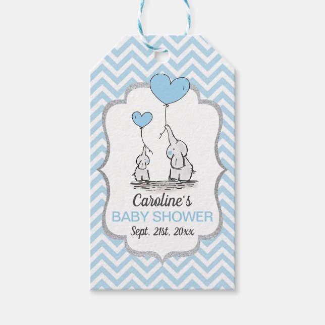Chevron Blue Elephant Baby Shower Tack Presentetikett (Framsidan)