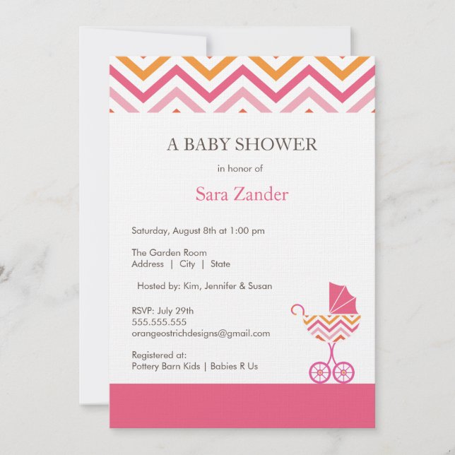 Chevron Carriage Baby Shower-inbjudan| Flickor Inbjudningar (Framsida)