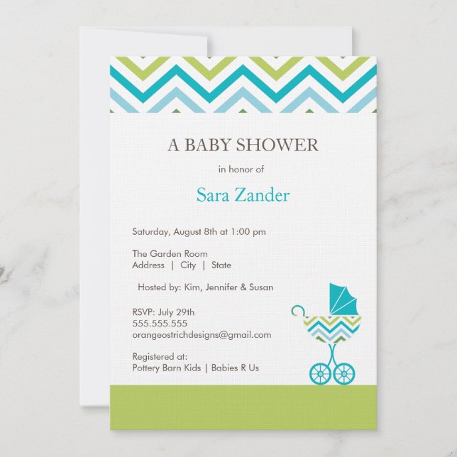 Chevron Carriage Baby Shower-inbjudan| Pojkar Inbjudningar (Framsida)