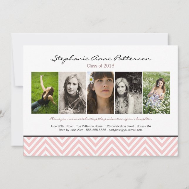 Chevron Chic 5 Foto Studenten annons Rosa Inbjudningar (Framsida)