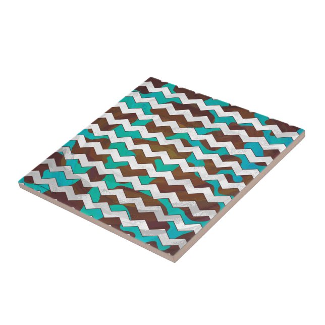 Chevron Cow Brown och Teal Print Kakelplatta (Sidan)