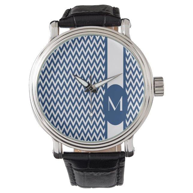 Chevron-design för marin Elegant med monogram Armbandsur (Framsida)