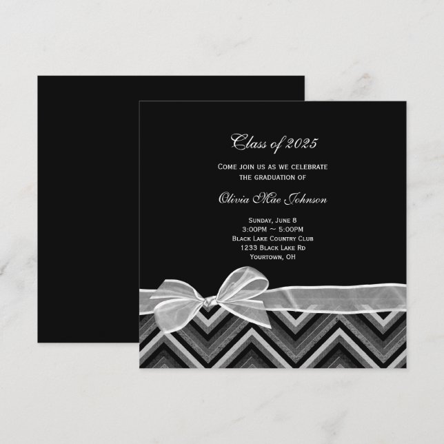 Chevron-design Studenten silver och svart Inbjudningar (Fram/baksida)