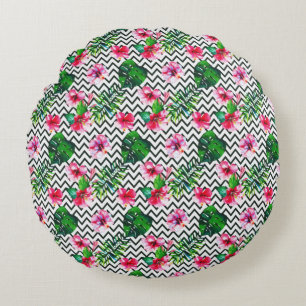 Chevron Geometric Summer Tropical Blommigt Rund Kudde