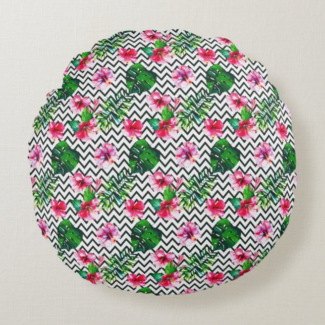 Chevron Geometric Summer Tropical Blommigt Rund Kudde (Framsidan)