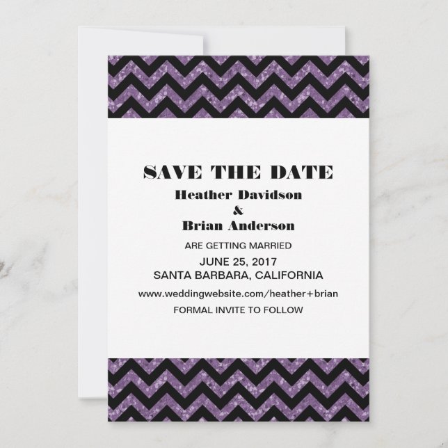 Chevron Glitter Spara datum-inbjudan, Lila Inbjudningar (Framsida)