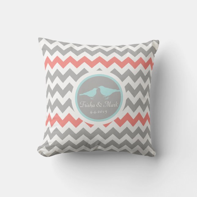 Chevron Grått Aqua White Bird Bröllop Pillow Kudde (Framsida)