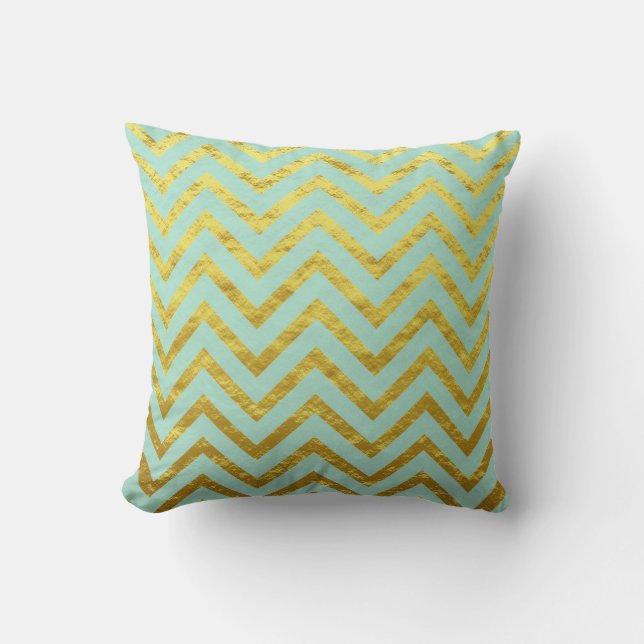 Chevron guld folie teal blå mönster glitter cool kudde (Framsida)
