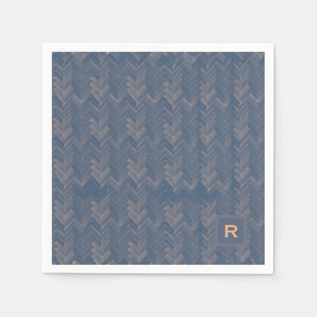 Chevron Herringbone Mönster Retro Blue Initial Pappersservett (Framsidan)