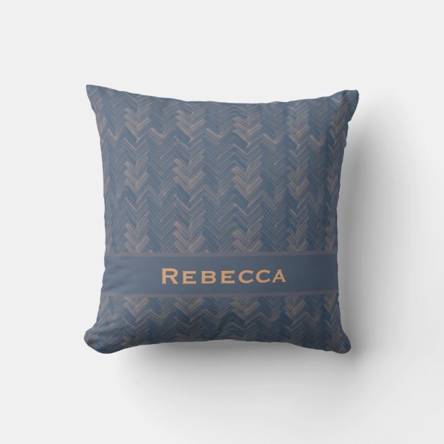 Chevron Herringbone Mönster Retro Blue Monogram Kudde (Framsida)