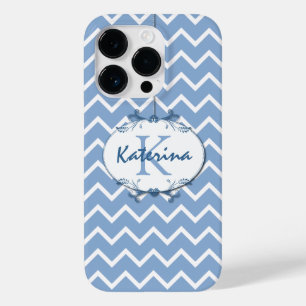 Chevron i Polo Blue och White med Blommigt Ram
