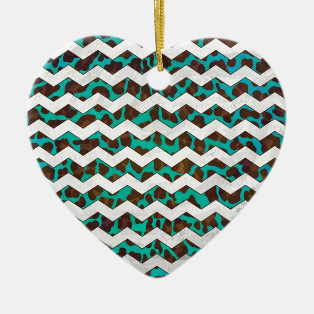 Chevron Leopard Brown och Teal Print Julgransprydnad Keramik (Framsidan)