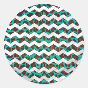Chevron Leopard Brown och Teal Print Runt Klistermärke