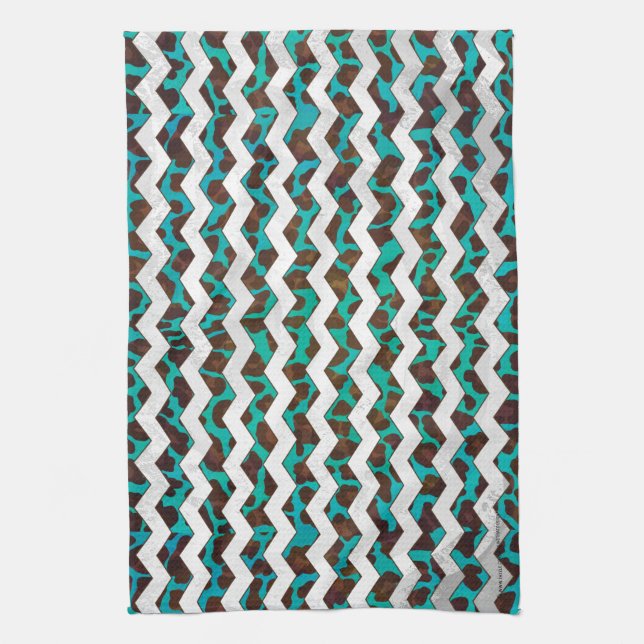 Chevron Leopard Brun och Turkos Tryck Kökshandduk (Vertikal)