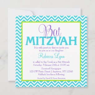 Chevron Lila Teal Blue Grönt Bat mitzvah Inbjudningar