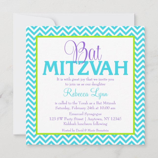 Chevron Lila Teal Blue Grönt Bat mitzvah Inbjudningar (Framsida)