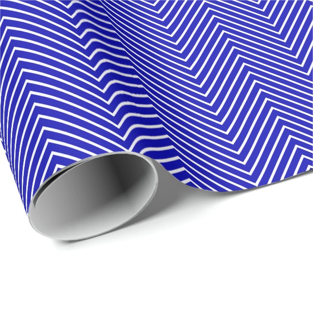 Chevron Line White på Royal Blue Presentpapper (Rullad Hörn)