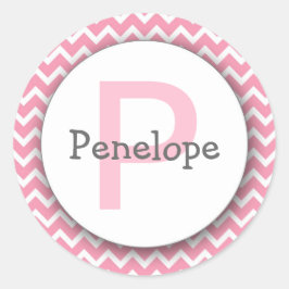 Chevron Monogram Bookplate Sticker rosa vit Runt Klistermärke