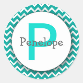Chevron Monogram Bookplate Sticker turkos blue Runt Klistermärke