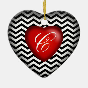 Chevron Monogram Heart svart vitt rött Julgransprydnad Keramik