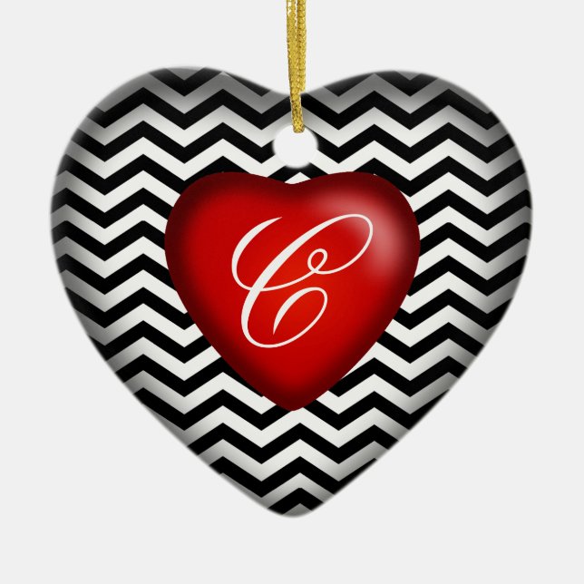 Chevron Monogram Heart | svart vitt rött Julgransprydnad Keramik (Framsidan)
