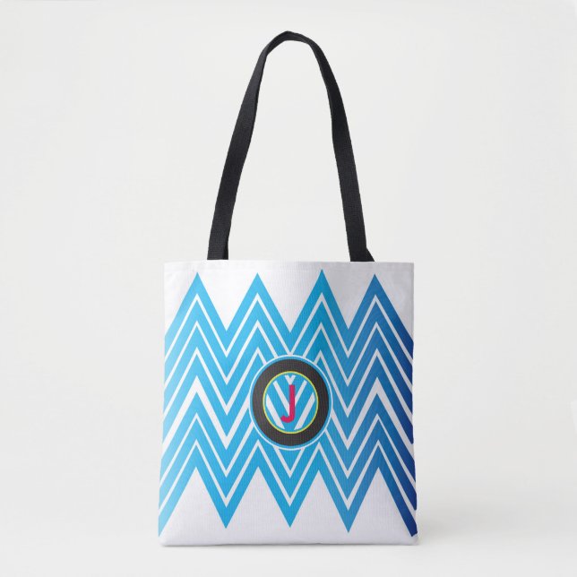 Chevron Monogrammed Ice Blue Tote Bag Tygkasse (Framsida)