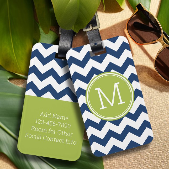 Chevron Mönster - enkelmonogram - marinkalk Bagagebricka (Add a monogram and contact information to this custom luggage tag)