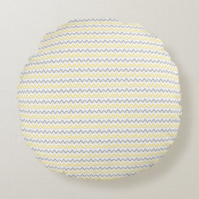 Chevron Mönster Gult & Grått Round Pillow Rund Kudde (Framsidan)