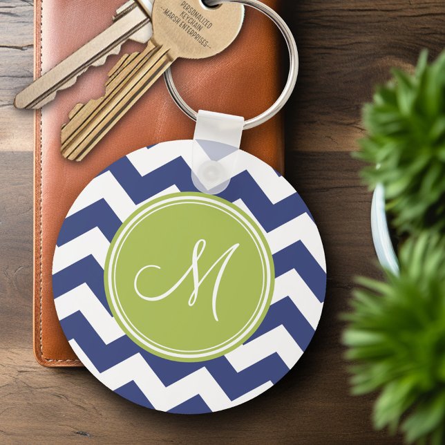 Chevron Mönster med Monogram - flottan Lime Nyckelring (Personalized Keychain - Add Name or Monogram)