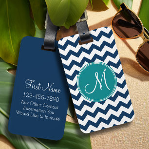 Chevron Mönster med Monogram - flottan Teal Bagagebricka
