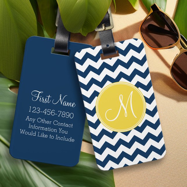 Chevron Mönster med Monogram - marin Gult Bagagebricka (Custom Luggage Tag)