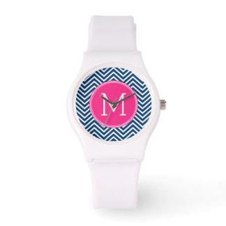 Chevron Mönster med Monogram - marinens Magenta Armbandsur