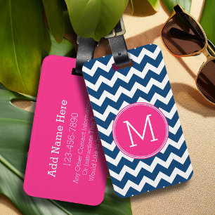 Chevron Mönster med Monogram - marinens Magenta Bagagebricka