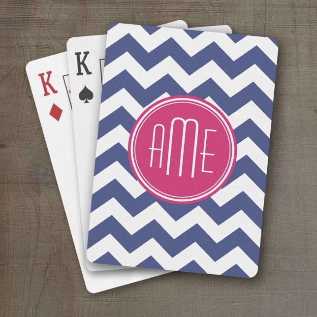 Chevron Mönster med Monogram - marinens Magenta Kortlek (Personalized Playing Cards)