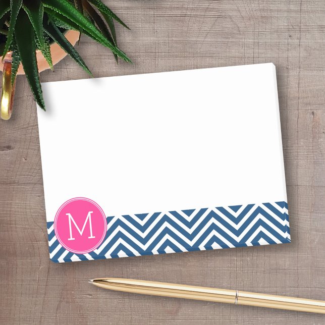 Chevron Mönster med Monogram - marinens Magenta Post-it Block (Personalized post-it notes - add your name and other text)