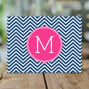 Chevron Mönster med Monogram - marinens Magenta Vykort