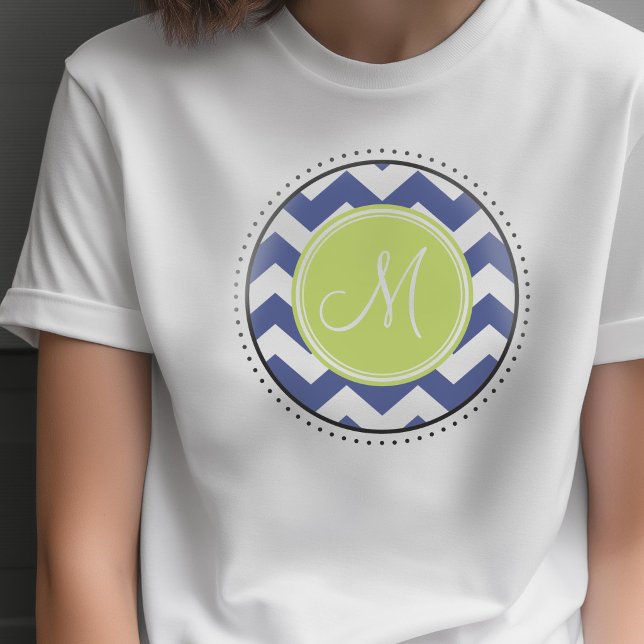 Chevron-mönster med monogram - Navy Lime Tröja (Custom Photo T-shirt)