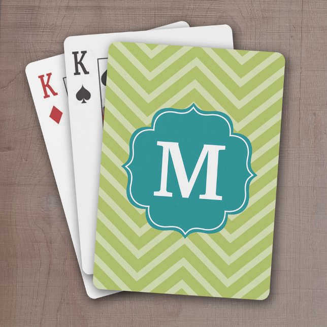 Chevron Mönster med Monogram - Teal Blue och Lime Kortlek (Personalize this set of playing cards with a monogram and and chevron pattern)