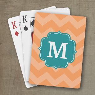 Chevron Mönster med Monogram - Teal Blue & Orange Casinokort