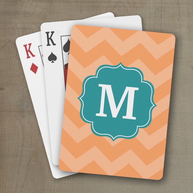 Chevron Mönster med Monogram - Teal Blue & Orange Casinokort (Personalized playing cards with an area for text such as a name or monogram)