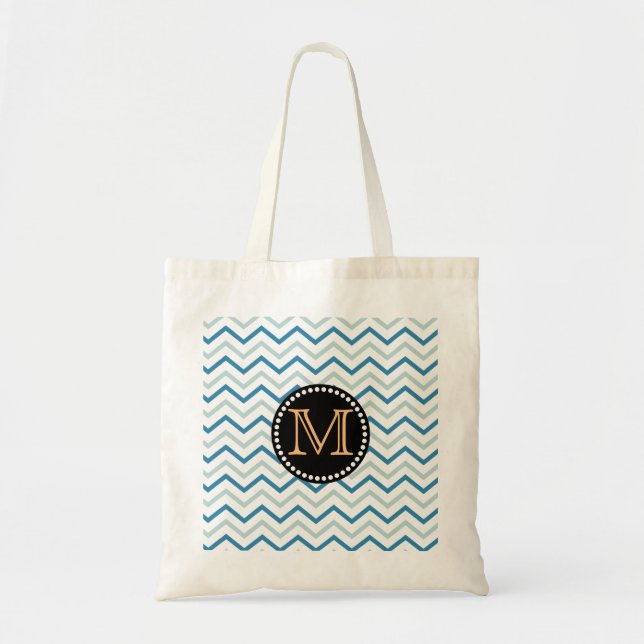 Chevron Mönster Monogram Sea Blue Grått Tygkasse (Framsidan)