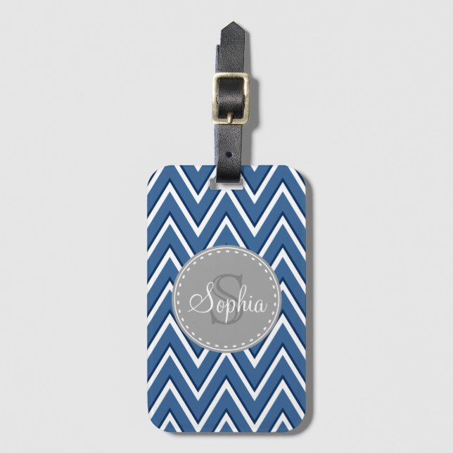 Chevron Mönster Navy Blue och Grått Monogram Bagagebricka (Framsida vertikal)
